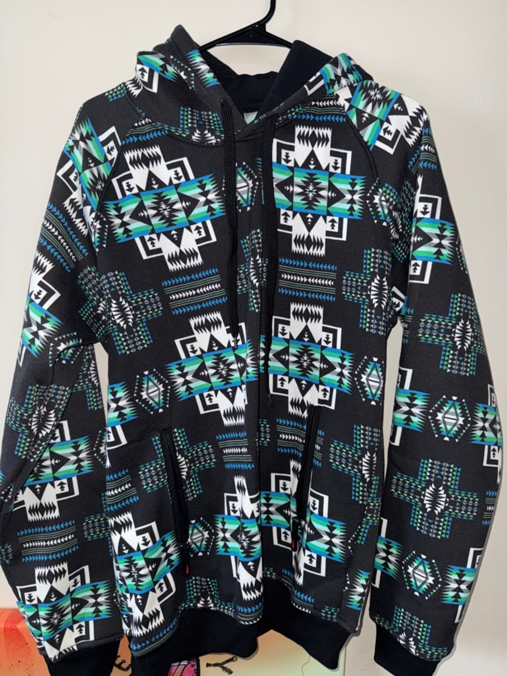 Black Aztec Zip-Up Hoodie with Teal & White Pattern